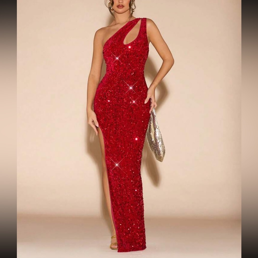 Luxe red sequins one shoulder slit thigh prom dress